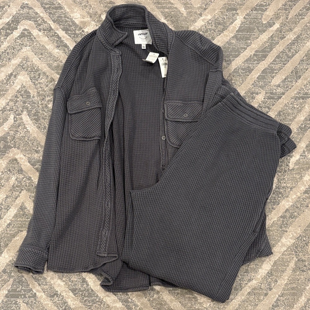 Aerie Gray Waffle Knit Top And Sweatpants